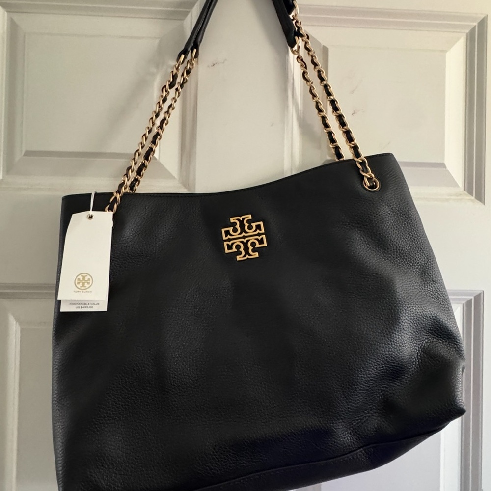 Tory Burch Black Leather Tote with Gold Chain Straps